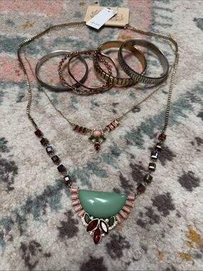 Gold-Tone Necklace with Green and Pink Gem Accents